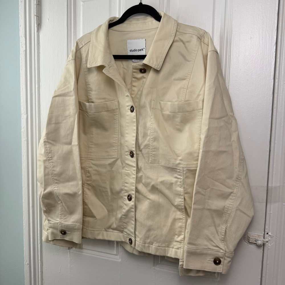 Studio Park Womens 2X Utility Jacket Cream Button Front Fall A653936 NWOT